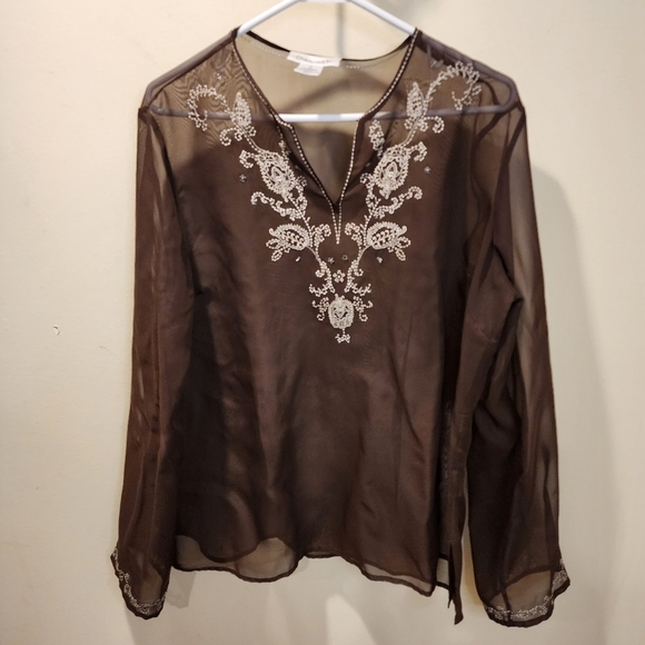 CHADWICKS women's brown tunic see though embroidered material top size 16 - Picture 6 of 10